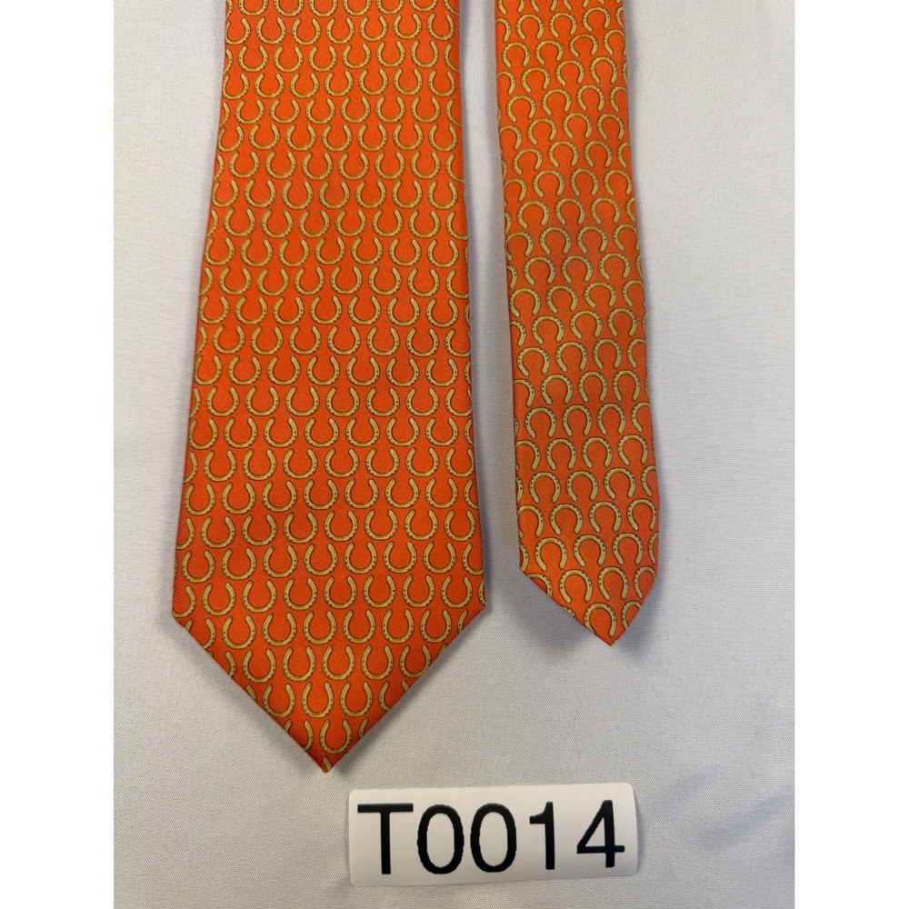 Mens Collard Greens Orange Silk Horseshoe Print Necktie Equestrian Pattern USA